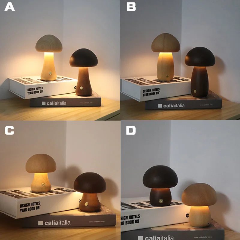 Wooden Mushroom Night Light Touch
