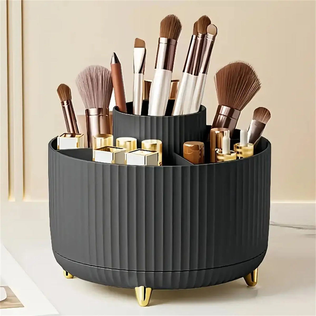 360° Rotating Makeup Organizer – Stylish Cosmetic Holder with 5 Compartments for an Organized Vanity.