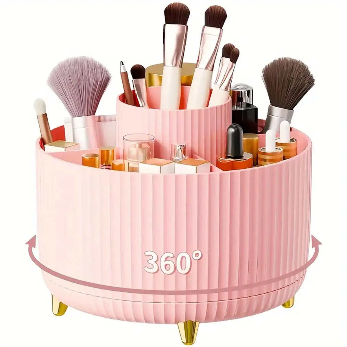 360° Rotating Makeup Organizer – Stylish Cosmetic Holder with 5 Compartments for an Organized Vanity.